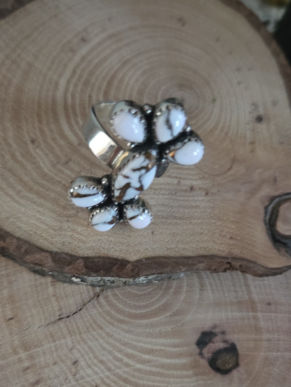Silver 925 White Buffalo Turquoise Rare Floral Ring Adjustable